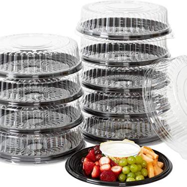 Imagem de Bandeja de servir e tampa de 30,5 cm resistente e reciclável, pacote com 10 bandejas de festa de plástico preto grandes com tampas transparentes. Bandejas redondas elegantes para banquete ou catering