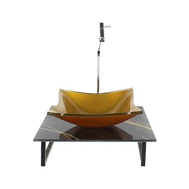 Imagem de KIT CUBA DE VIDRO QUADRADA 10MM INCOLOR COM TAMPO DE VIDRO 40CM X 40CM MÁRMORE PRETO DOURADO E SUPORTE TORNEIRA VALVULA