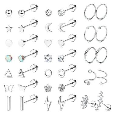 Imagem de FASACCO Brinco de cartilagem 18G de tarraxa plana de aço cirúrgico Helix Tragus piercing joia