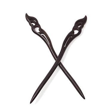 Imagem de Honbay 2 peças Palitos de cabelo preto natural de madeira de sândalo feitos à mão Pinos de cabelo de ébano retrô de madeira