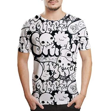 Imagem de Camiseta Masculina manga curta estilosa Grafite Caveiras Skull Cor:Branco-Preto;Tamanho:M;