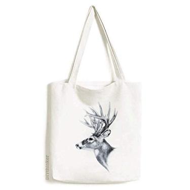 Imagem de Sketch Deer Bolsa de lona preta e branca para presente Art Deco, bolsa de compras casual