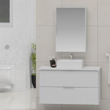 Imagem de Gabinete Banheiro 80cm com Cuba Sobrepor e Espelheira Rubi Gabinetes Joia Branco
