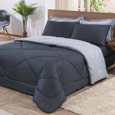 Imagem de Kit Edredom + Jogo De Lençol Aconchego Look House Dupla Face Casal Queen 06 Peças - Preto- Cinza