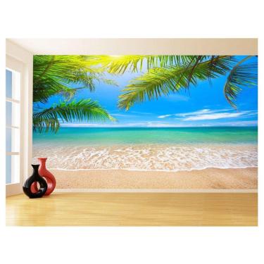 Imagem de Papel De Parede 3D Praia Mar Coqueiros Céu Azul 3,5M Npr333