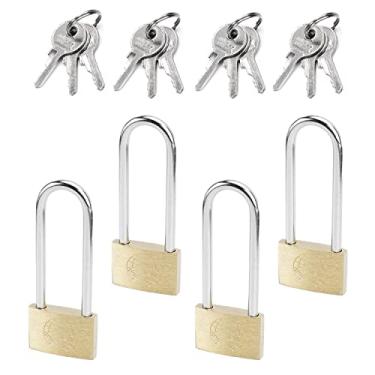 Imagem de Bettomshin Cadeado de latão, com chave, 30 mm de largura, acabamento escovado, manilha longa de endurecimento, trava de feixe longo à prova d'água à prova de ferrugem para gaveta, academia, armário, armazém, 4 peças