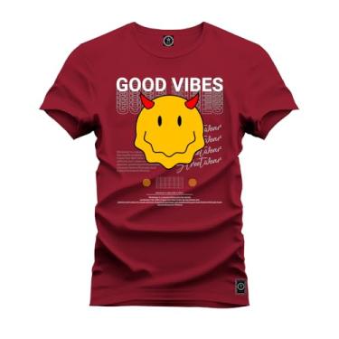 Imagem de Camiseta Plus Size Unissex Algodão Macia Premium Estampada Good Vibes Bordo G4