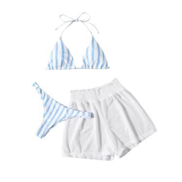Imagem de Verdusa Biquíni feminino listrado de 3 peças com shorts de praia, Azul e branco, M