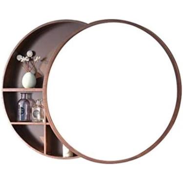 Imagem de Armário de espelho de banheiro de madeira maciça espelho de parede redondo-espelho de vaidade com função de armazenamento,Noz,50cm