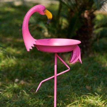Imagem de SMQLJXC 32 cm L x 100 cm A banheiras de pássaros flamingo para uso ao ar livre, tigela de banho de pássaro de metal, alimentador de pássaros ou prato bebedor com estaca de metal, decoração de quintal