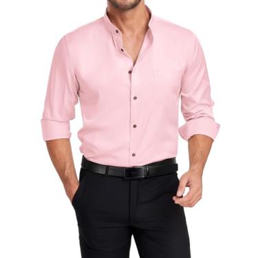 Imagem de SWISSWELL Camisa social masculina de manga comprida com botão elástico casual sem rugas camisa formal, 1035 - rosa, 3G