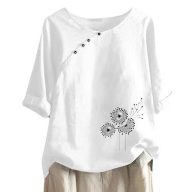 Imagem de Camisetas femininas de linho com estampa floral verão casual manga curta túnica gola redonda botão solto roupas para sair, Branco-B, G