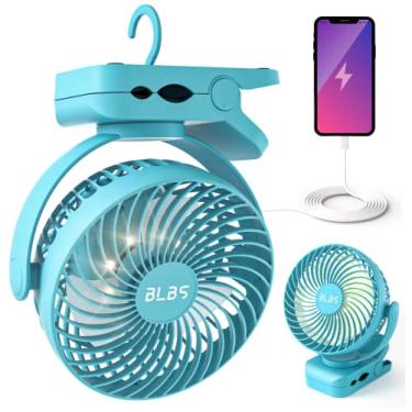 Imagem de Ventilador de acampamento com luz de LED – 12000 mAh 65 horas alimentado por bateria, ventilador recarregável para uso como banco de energia, ventilador de barraca com gancho para pendurar, ventilador de teto portátil para barraca, carrinho de golfe, cama para carrinho de carrinho de bebê RV