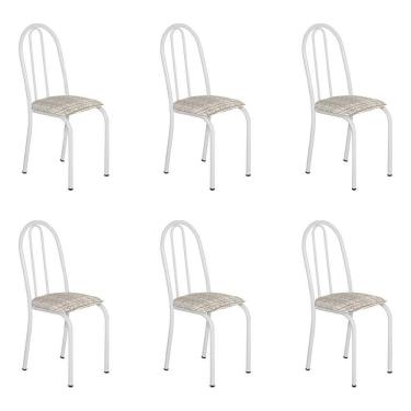 Imagem de Kit 6 Cadeiras De Cozinha Califórnia Estampado Rattan Bege Pés De Ferro Branco