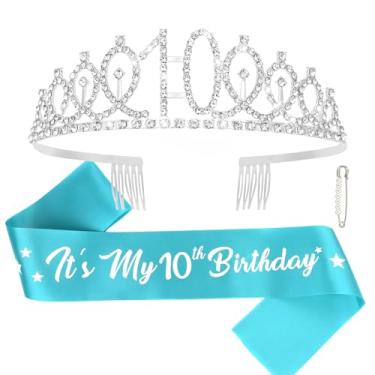Imagem de CAVETEE Faixa de feliz aniversário de 10 anos e coroa, decorações de 10 anos para meninas, azul, faixa IT's My Birthday para presentes de 10 anos