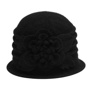 Imagem de ZLYC Chapéu feminino de lã Cloche Bucket Hat Anos 20 Vintage Vestido de Inverno com Detalhe de Flor, Preto liso, Tamanho Único