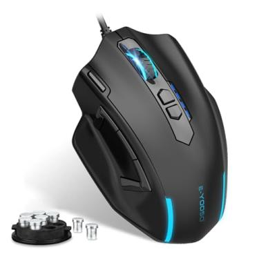 Imagem de E-YOOSO Mouse grande para jogos com fio, mouse grande para jogadores com botão de disparo rápido, 5 botões laterais, 12400 DPI, 5 modos retroiluminados, 11 atalhos macro programáveis, pesos ajustáveis