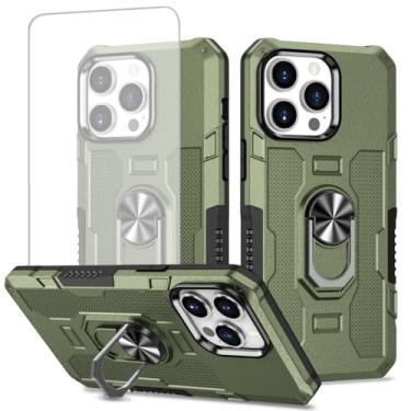 Imagem de Ueokeird Capa para iPhone 13 Pro Max de 6,7 polegadas Apple 13 Pro Max com protetor de tela de vidro temperado, proteção resistente, anel de metal, suporte magnético para iPhone 13 Pro Max, verde