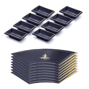 Imagem de Kit Japonês Oriental Com 8 Prato Leque 8 Molheira Preto - AC