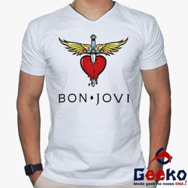 Imagem de Camiseta Bon Jovi 100% Algodão Rock Geeko, Branco gola v, GG