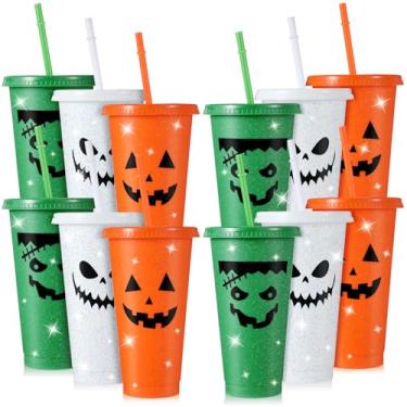 Imagem de Skylety Pacote com 12 copos de plástico de Halloween com tampas e canudos, copos de rosto de abóbora de 680 g, copos coloridos reutilizáveis para lembrancinhas de festa de Halloween, suprimentos,