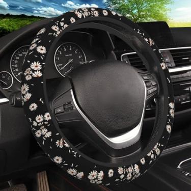 Imagem de Capa de volante elástica de margaridas pretas e brancas, capas de volante de neoprene respiráveis antiderrapantes, acessórios femininos rosa para carro, ajuste universal de 38 cm para automóveis, SUVs