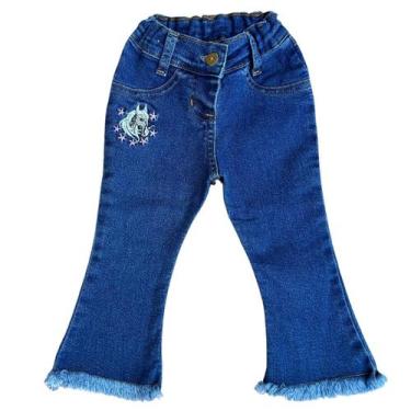 Imagem de Calça Country Infantil Jeans Bordada Cavalo Flare Pra Menina, Escura, 