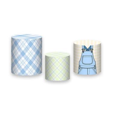 Imagem de Trio De Capa Cilindro - Fazendinha Xadrez Azul Suave 016 - Via Cores