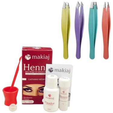 Imagem de Henna Makiaj Sobrancelha Escolha a cor + 4 Pinças Chanfrada Fina Reta 