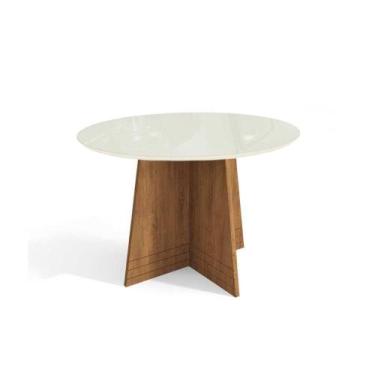 Imagem de Mesa p/ Cozinha Lótus c/ Tampo Madeirado c/ Vidro 105x105cm Freijó/Off