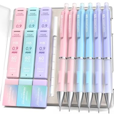 Imagem de Four Candies Conjunto de lapiseiras de 0,9 mm – 6 lápis fofos com 360 refis de grafite HB e 2B, 3 borrachas pastel e 9 refis de borracha, material escolar de estética para desenho de escrita de