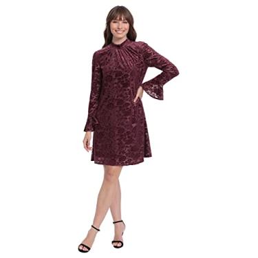 Imagem de London Times Vestido trapézio feminino de manga comprida com gola redonda, Vinho, 48