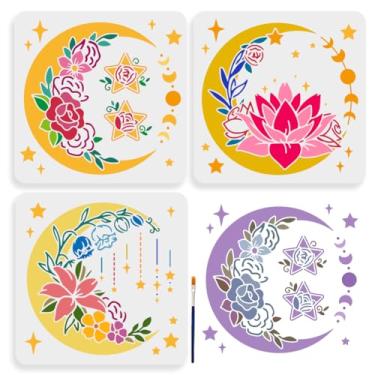 Imagem de MAYJOYDIY 3 peças de estêncil de flor de lua, 3 x 11,8 cm, grande, floral, fase, da lua, estrela, com pincel de tinta, modelo de flor de lótus sonhadora, lua crescente, para móveis artesanais, papel