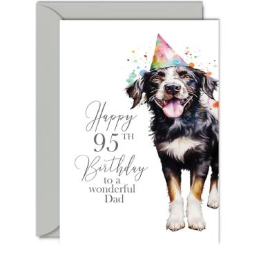Imagem de Cartões de aniversário de 95 anos para pai - Cão de festa - Cartão de feliz aniversário para pai de 95 anos de idade de filho filha, A5 Bday homens homem ele cartões de felicitações presente para pai