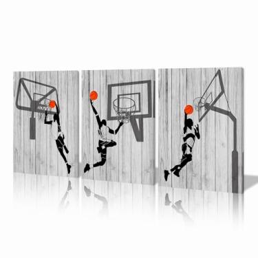 Imagem de KAWAHONE 3 painéis de arte de parede preto e branco, arte de parede em tela de basquete, basquete antigo e vista de ângulo baixo cesta de basquete arte em tela esportiva para quarto de meninos pronto