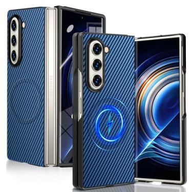 Imagem de MIDIIUGCT Capa magnética para Samsung Galaxy Z Fold6 com design de textura de fibra de carbono, carregamento sem fio [PC] capa à prova de choque de grau militar para Z Fold 6 [azul claro]