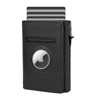 Imagem de Carteira masculina inteligente com bolso frontal para Apple AirTag: bloqueio RFID, estojo de cartão de alumínio pop-up, capacidade de 10 a 14 cartões, janela para identidade, compartimento para