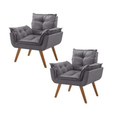 Imagem de Kit 2 Poltronas em Veludo Base Palito Quadrada Opalla Prime Cinza/Cinza