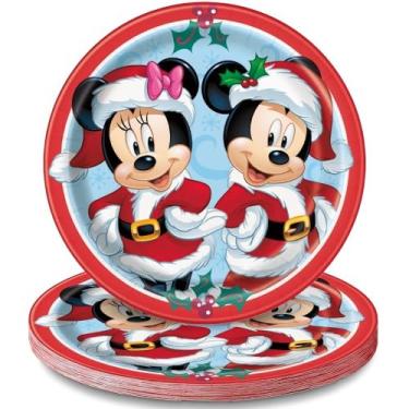Imagem de Unique Disney Red Mickey & Minnie Mouse Pratos de jantar de Natal redondos de papel - 23 cm (pacote com 8) - Design adorável de personagem, perfeito para refeições festivas, reuniões festivas e