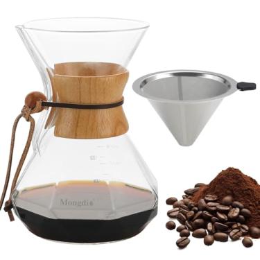 Imagem de Mongdio Cafeteira de 765 g com filtro de aço inoxidável e suporte de colar de madeira, cafeteira de vidro borossilicato para acampamento, 800 ml, transparente