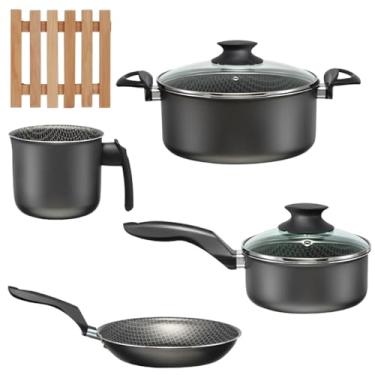 Imagem de Jogo de Panelas 04 Peças Antiaderentes C/Tampas de Vidro + 04 Descansos de Panela Quadrados Madeira 14,5cm