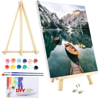 Imagem de VIGEGU Kit de pintura por números para adultos iniciantes com tela emoldurada - com cavalete de madeira, pintura a óleo faça você mesmo, com pincéis de tintas acrílicas, linda caixa de presente 19,8 x