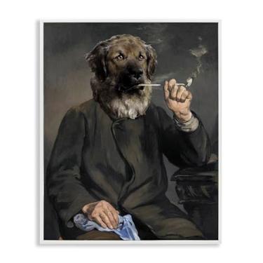 Imagem de Stupell Industries Desenho de arte de parede giclée emoldurado branco de cachorro histórico fumando por Alicia Longley, 28 x 35