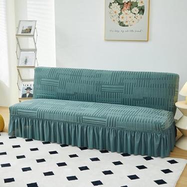 Imagem de Capa de futon sem braços com saia de babados, capa de sofá-cama futon altamente elástica, capa de sofá antiderrapante sem braços, tecido de veludo grosso, macio e aconchegante(Green,Medium (160-190cm