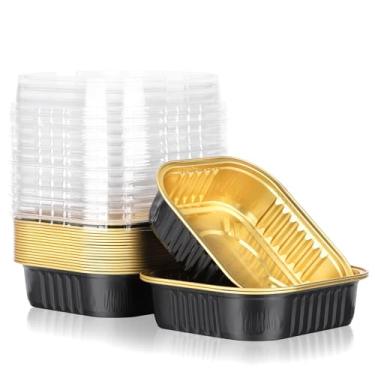 Imagem de Beasea Copos de panificação com tampas, pacote com 20 250 ml, quadrados, descartáveis, pequenos ramequins de alumínio, forno, brownie, cupcake, para festa, ouro preto