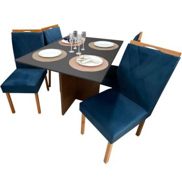 Imagem de Mesa de Jantar Helo 120x90cm em Veludo com 4 Cadeiras California Poliman Cor Grafite com Assento Azul