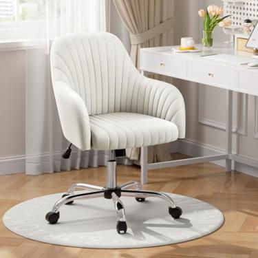Imagem de Warmiehomy Cadeira de mesa de veludo para escritório em casa, cadeira de trabalho giratória moderna ajustável, cadeiras femininas com descanso de braço para quarto de vestiário, bege