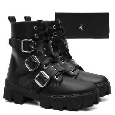 Imagem de Bota Coturno Preto Feminino Sola Tratorado Macio + Carteira-34 - elefa