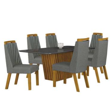 Imagem de Mesa de Jantar Liz 180x90 Freijó Chumbo com 6 Cadeiras Freijó Linho Cinza - Leifer Móveis