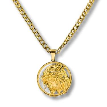 Imagem de Colar Masculino "Corpus Christi" em Aço Inoxidável 316L Banho Ouro 18k Pingente 3,5cm Religião Fé Cristã Masculino Elegante - Acompanha Bolsa de Veludo